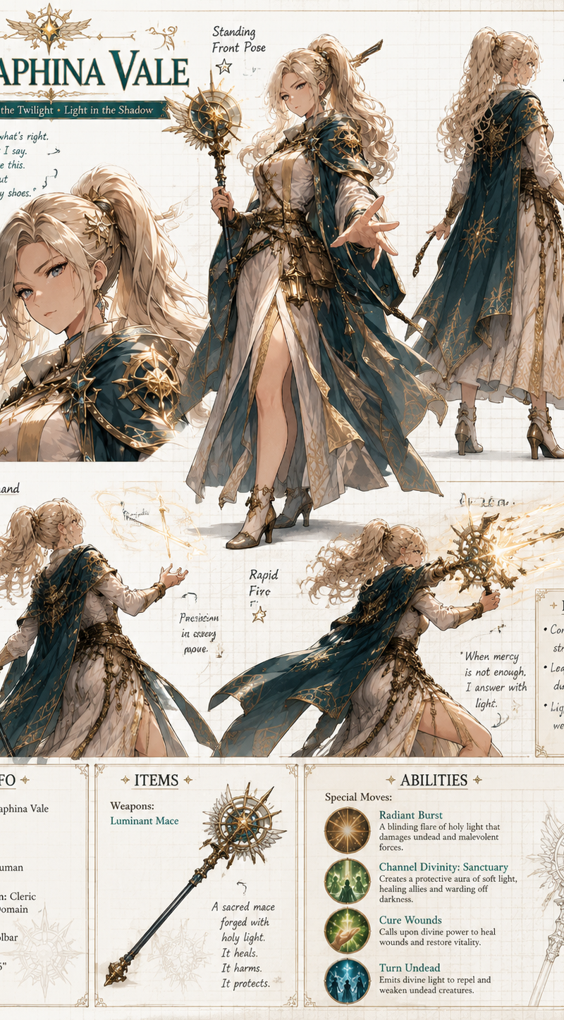 Create a wide, horizontal character reference sheet featuring Seraphina (see ref