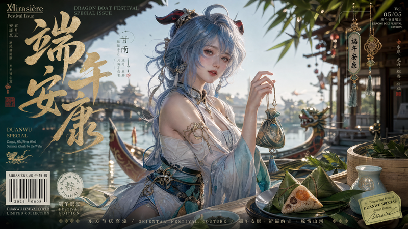 Theme: 端午安康 根据【原神 甘雨】设计一张 **高辨识度、强视觉冲击力的 端午节日限定 Chinese fashion campaign cover /