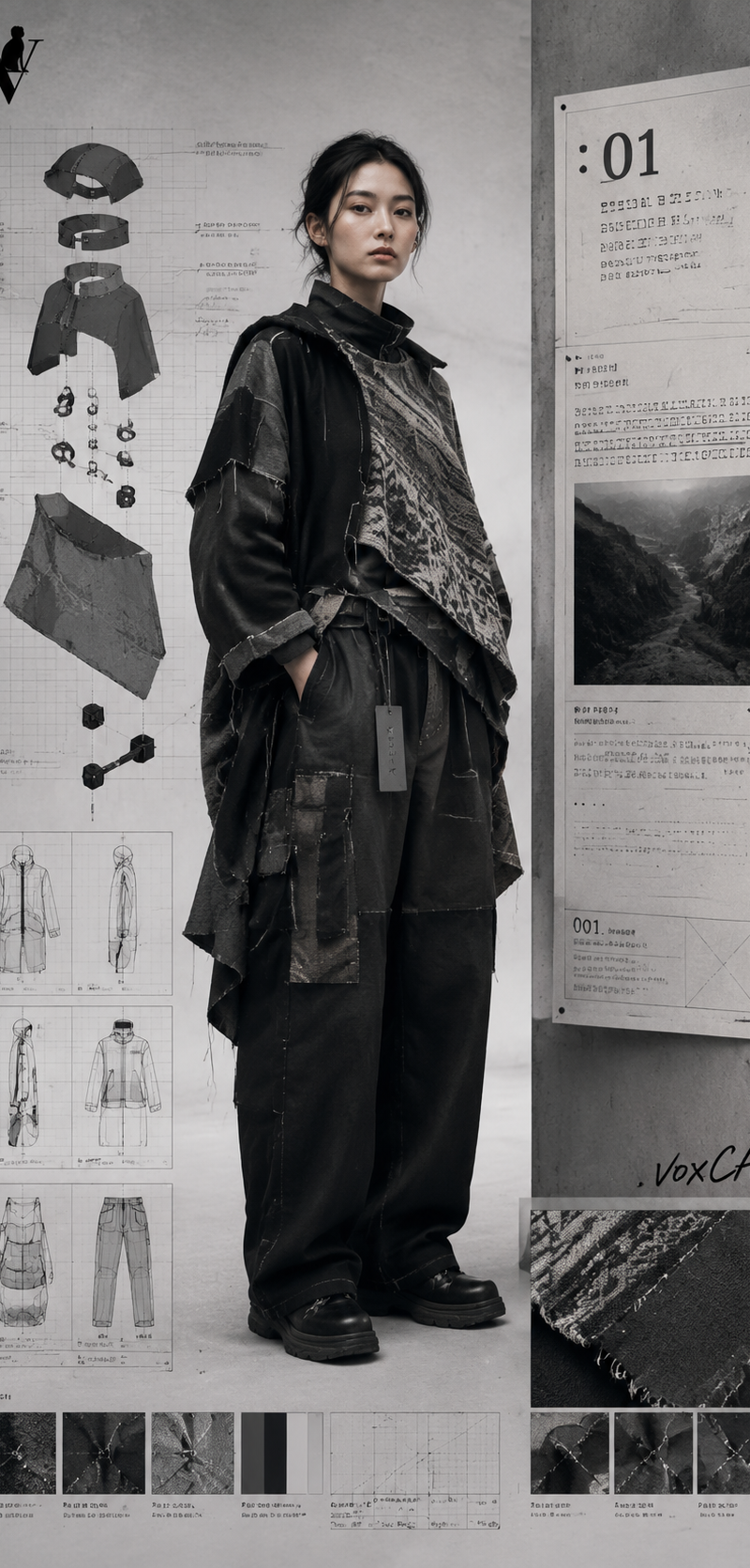 原创成年东亚女性独立设计师模特,穿中国新锐设计师品牌 Lookbook 风格服装:低饱和城市空间、实验剪裁、层叠面料、宽松廓形和成衣目录般的服装可读性。人物旁边
