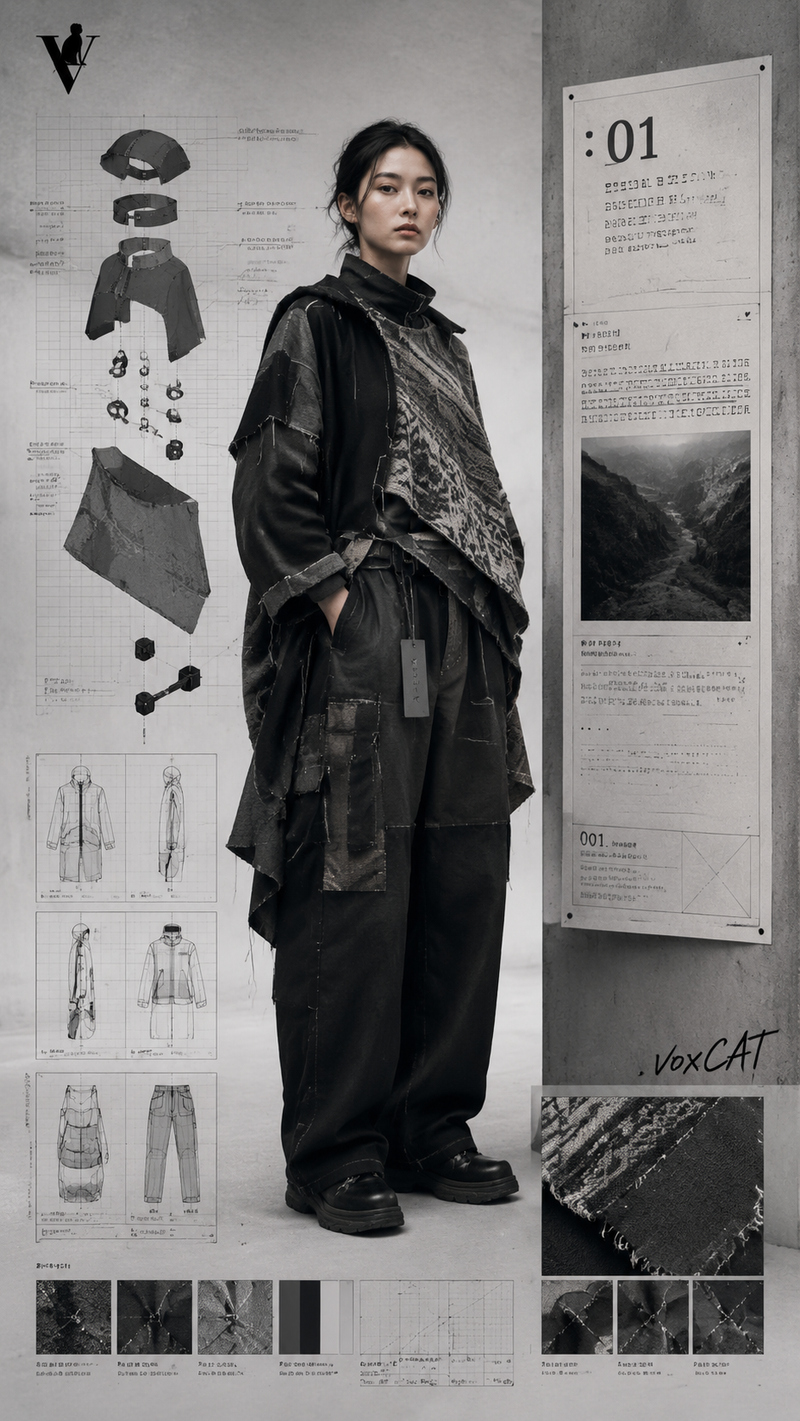 原创成年东亚女性独立设计师模特,穿中国新锐设计师品牌 Lookbook 风格服装:低饱和城市空间、实验剪裁、层叠面料、宽松廓形和成衣目录般的服装可读性。人物旁边