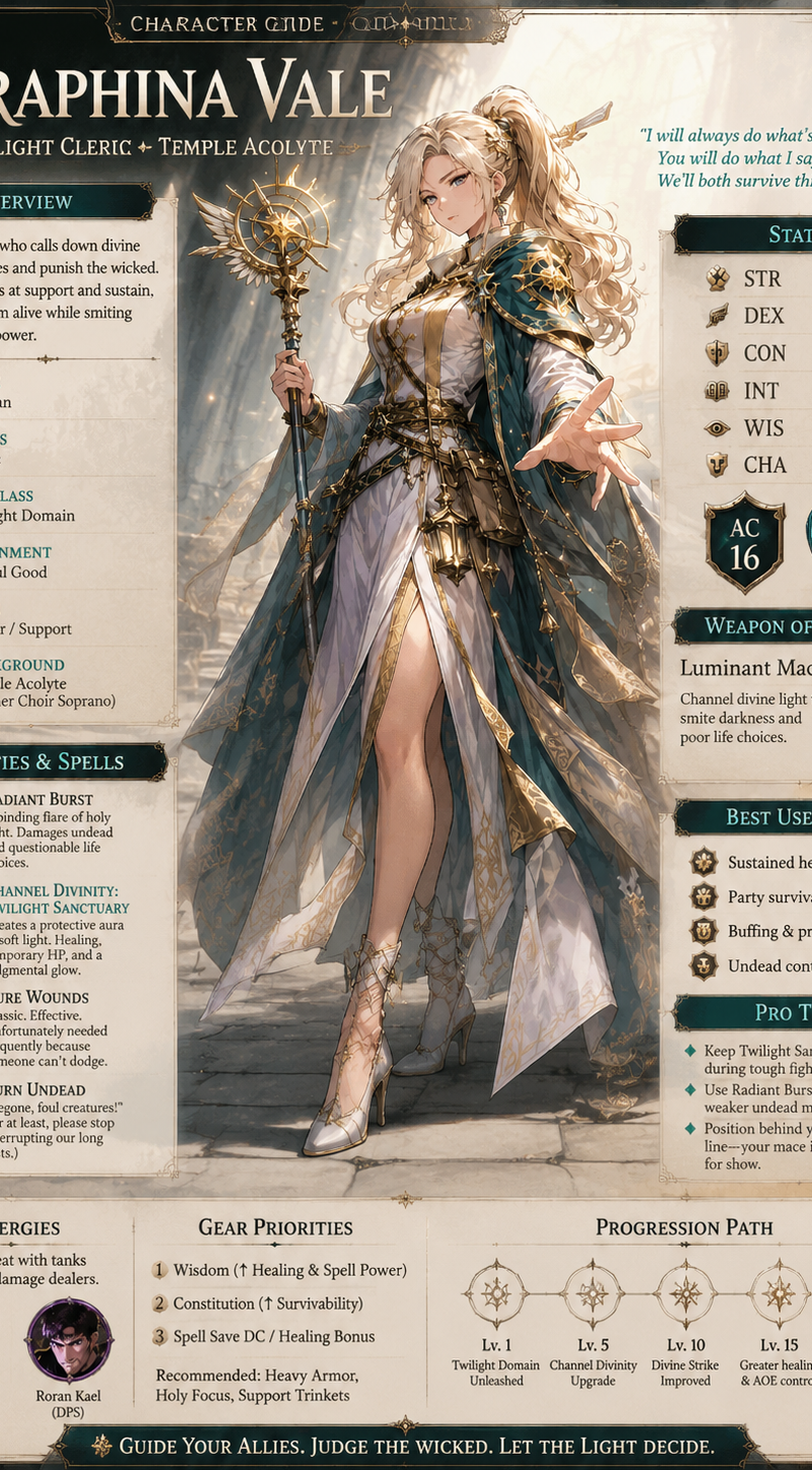 Generate a vertical page of a game strategy guide, with this character's full bo