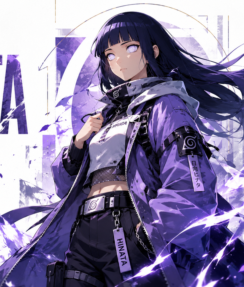 Create a premium collector-edition character poster of Hinata from Naruto