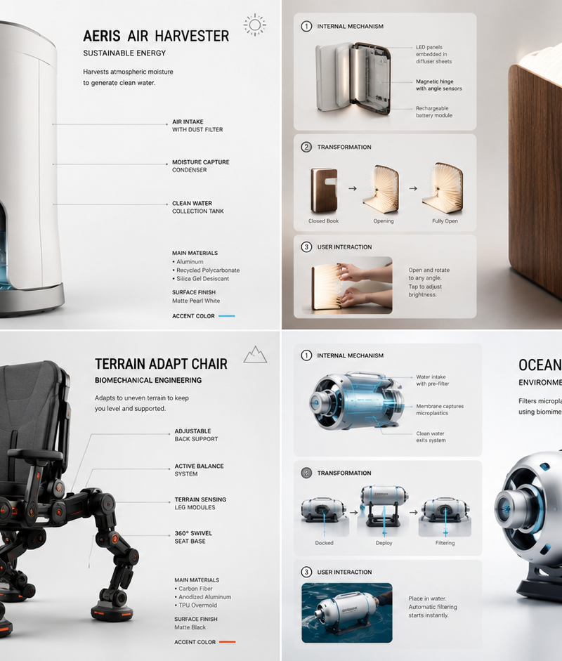 2x2 grid, do this for 4 science inspired inventions, 16:9 you are a product inno