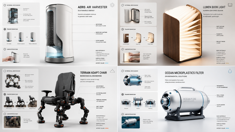2x2 grid, do this for 4 science inspired inventions, 16:9 you are a product inno