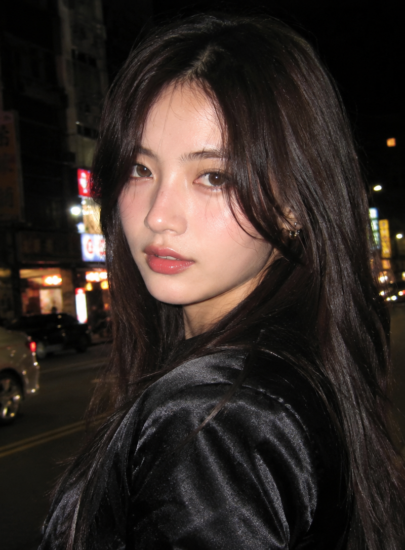a cinematic night street portrait, y2k aesthetic, an extremely beautiful young w