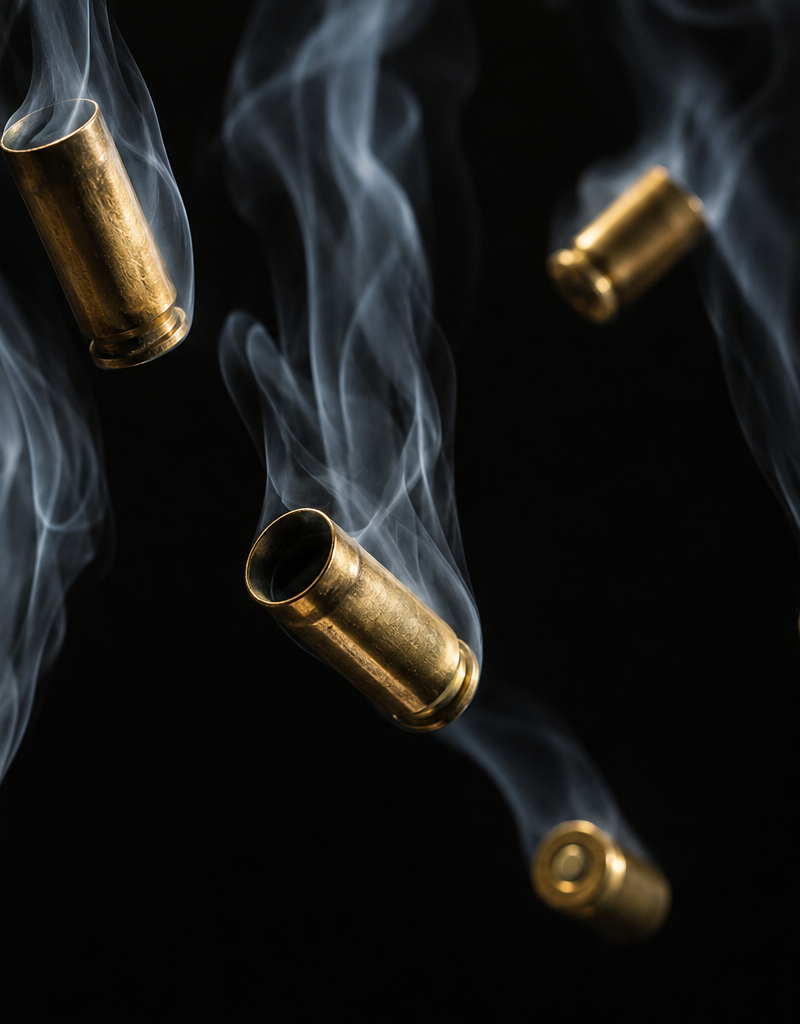 9mm bullet shells free falling with streams of smoke, high contrast studio light