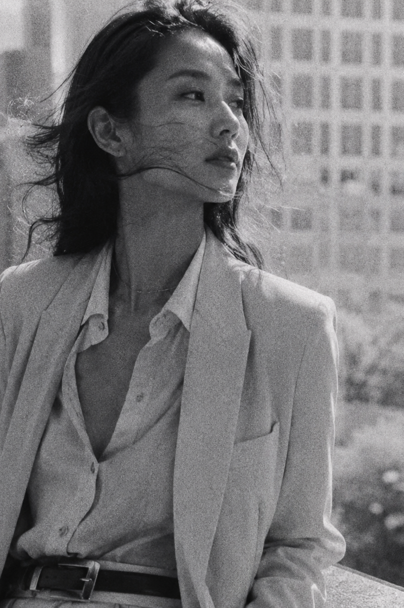 poetic half body shot, an east asian supermodel, summer office attire, YSL style