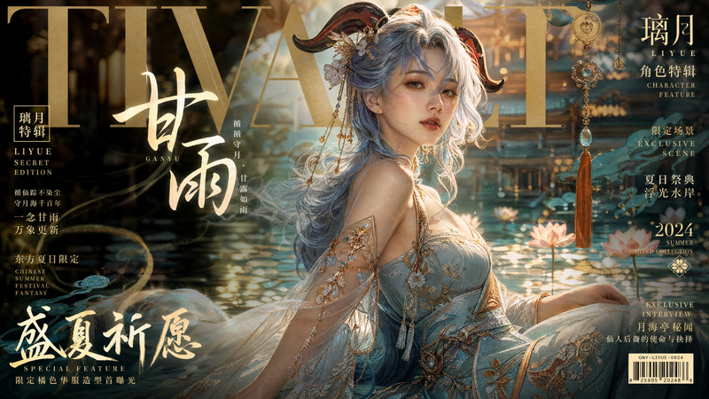 根据【甘雨】设计一张 **高辨识度、强视觉冲击力的限定角色海报**。 画面主体是一位 **明确成年的女性角色** 的真人化版本，不像任何真实明星、网红或名人。她