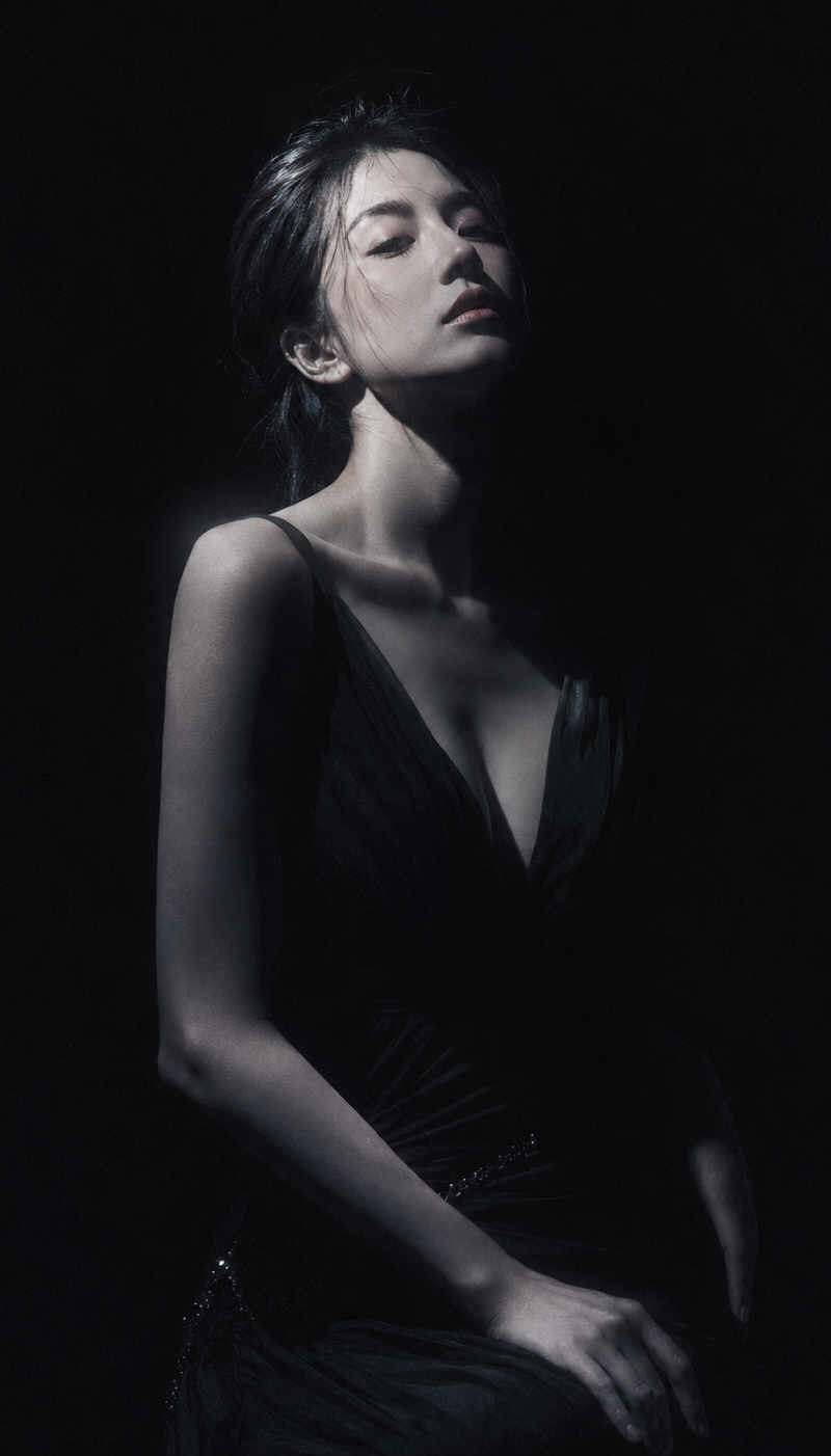 暗黑极简冷光半写实插画,主体为身穿深色低领长裙的漂亮韩国女明星,眼神冷峻,面容俊俏,纯黑背景,大面积黑场吞没画面,侧上方冷白硬光局部照亮主体,强烈明暗切割,高反
