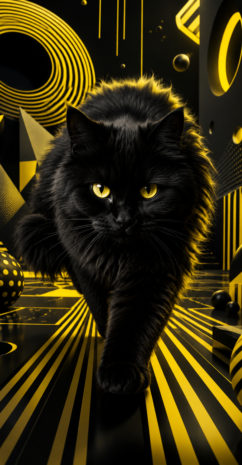 a fluffy black cat Theme: Bold geometric abstraction, high-contrast 3D design, d