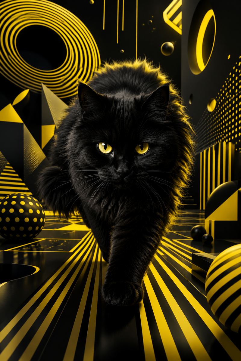 a fluffy black cat Theme: Bold geometric abstraction, high-contrast 3D design, d