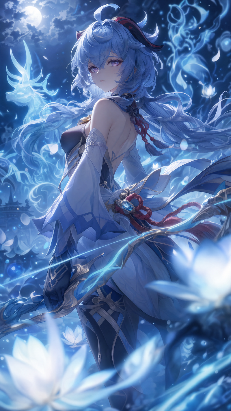 @Image1 = 原神 甘雨创作一幅电影感十足、极其细致的奇幻角色插画,角色被完全由其视觉身份生成的活生生氛围包围。氛围必须让人感觉整个世界都采用了角色的视觉