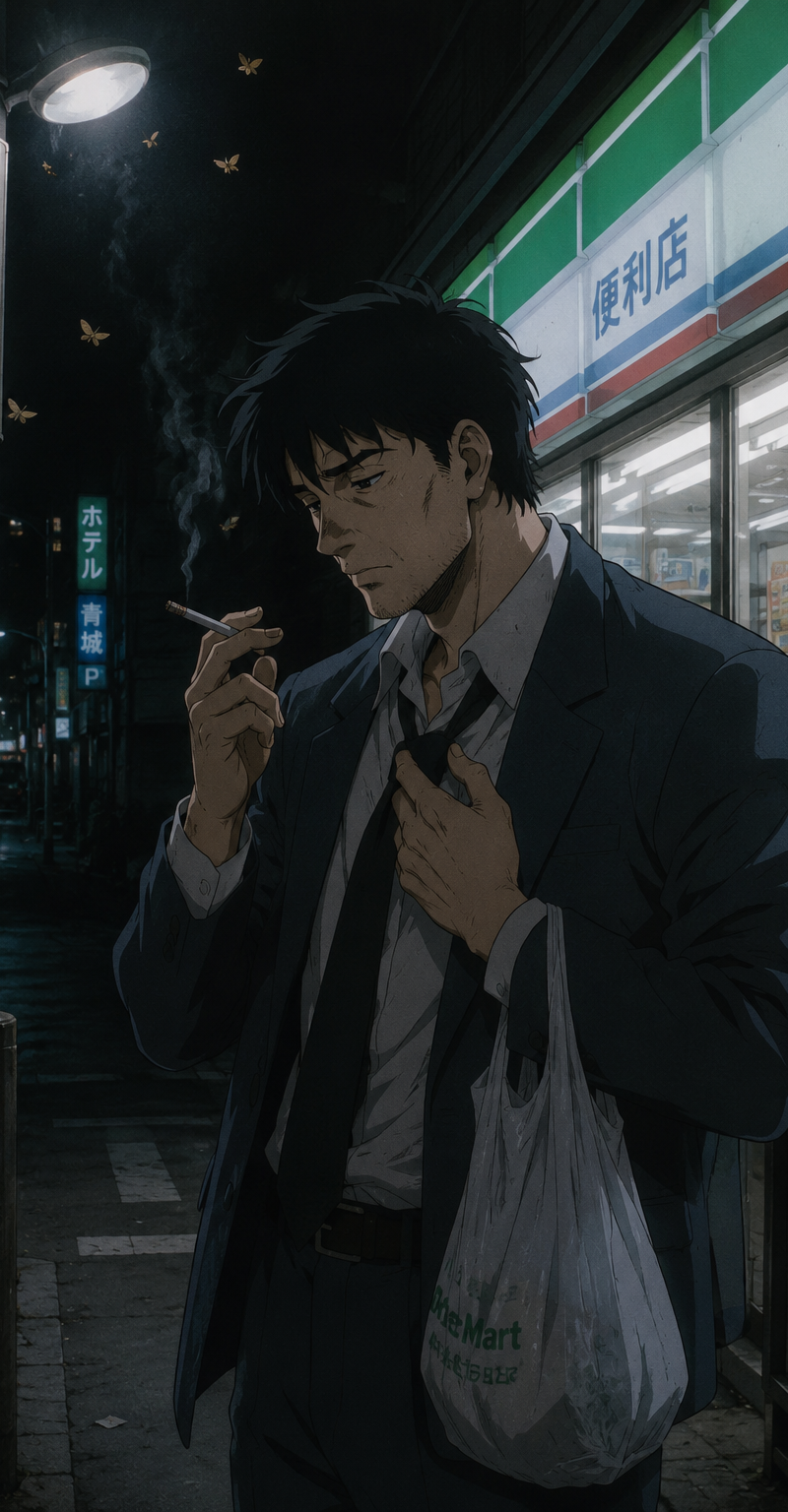 90s aesthetic anime art, a tired salaryman in a rumpled suit loosening his tie,