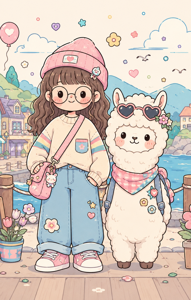 Cute minimalist pastel doodle illustration, kawaii character standing side-by-si