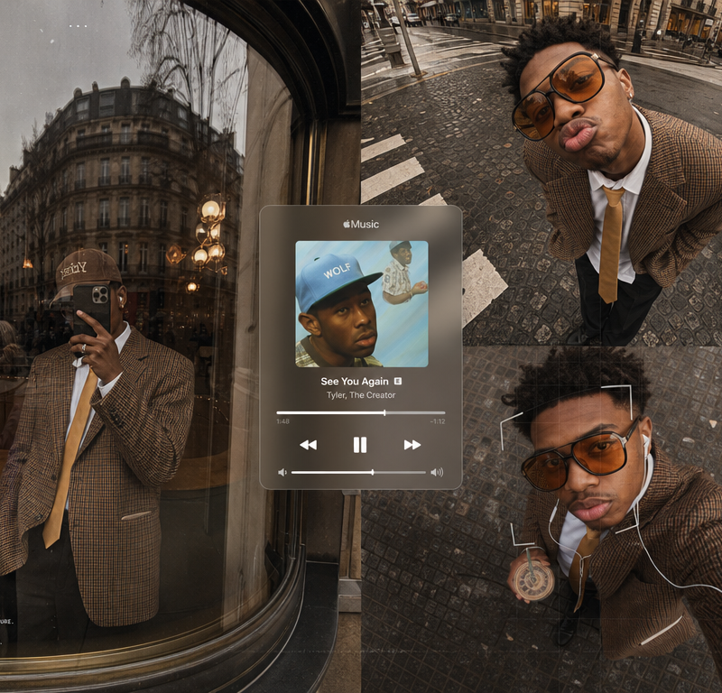 Create a premium fashion-editorial poster collage from the uploaded subject phot