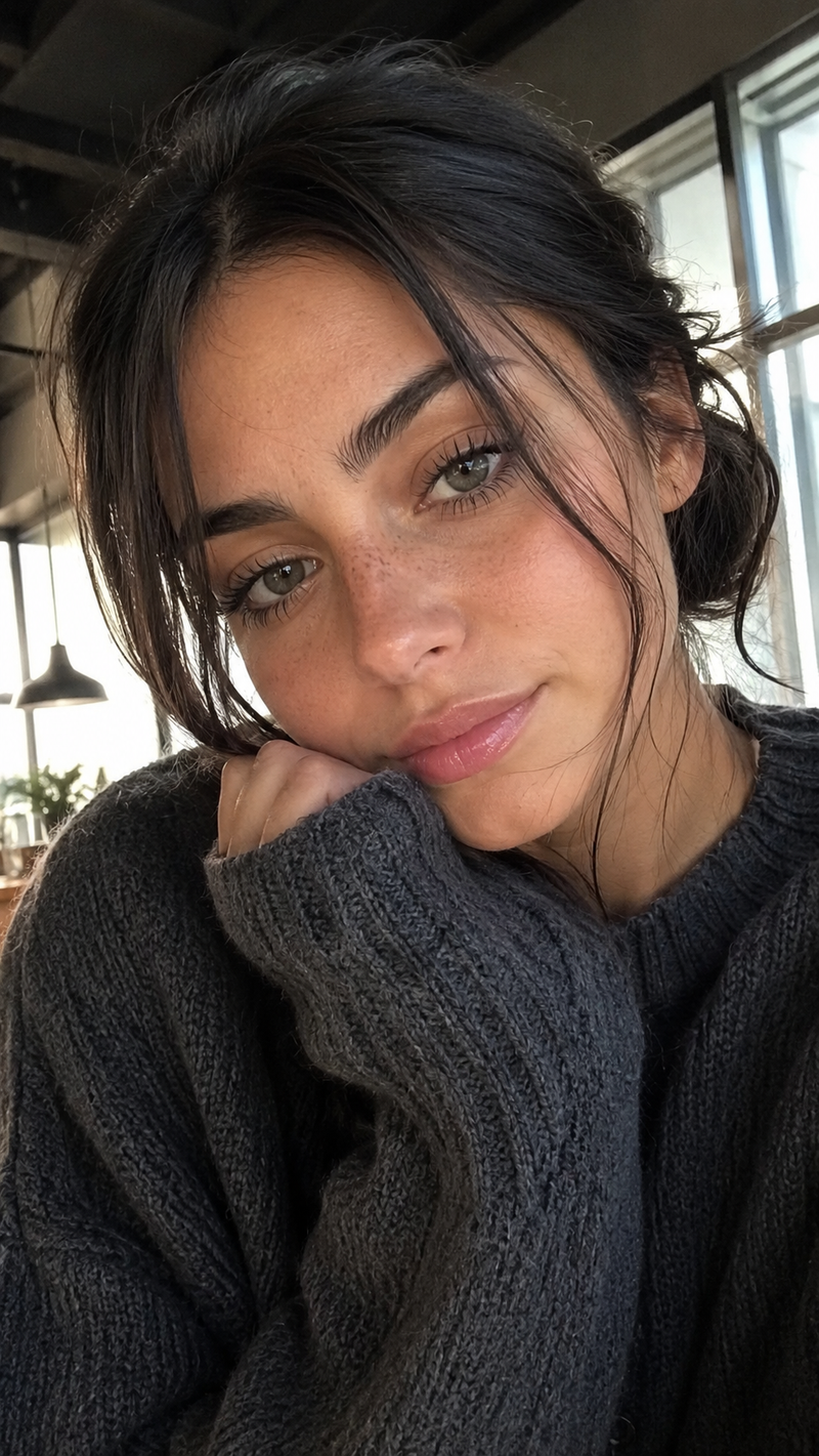 { "prompt": "Ultra-realistic candid smartphone selfie, charming young woman with