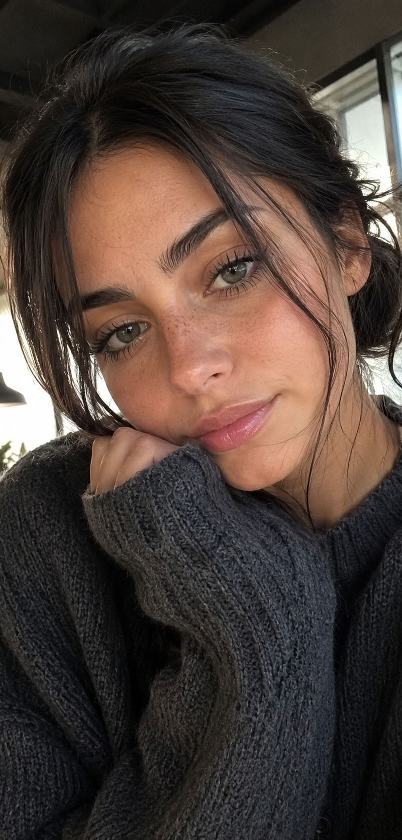 { "prompt": "Ultra-realistic candid smartphone selfie, charming young woman with