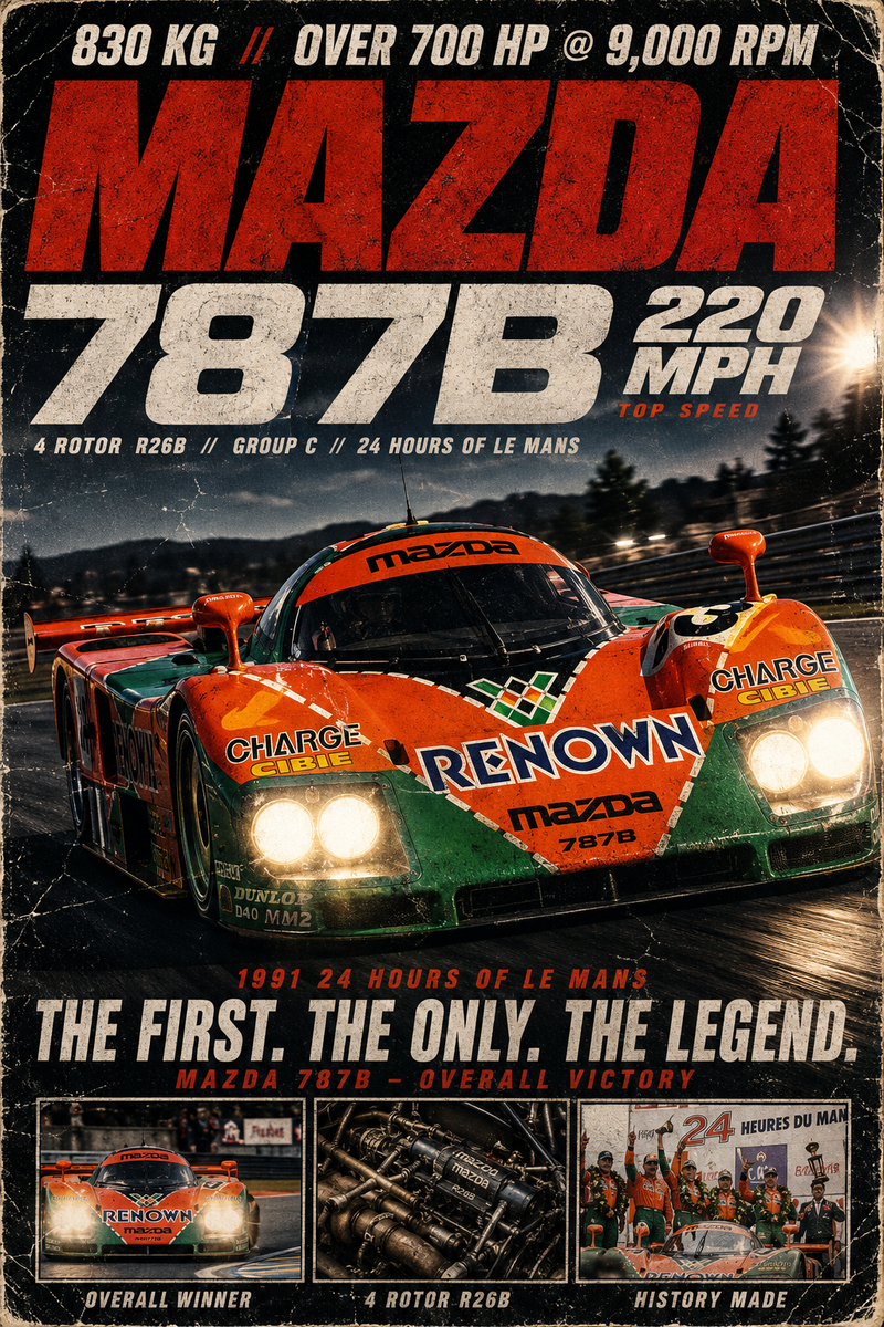 { "subject": { "description": "A vintage racing poster centered on the Mazda 787