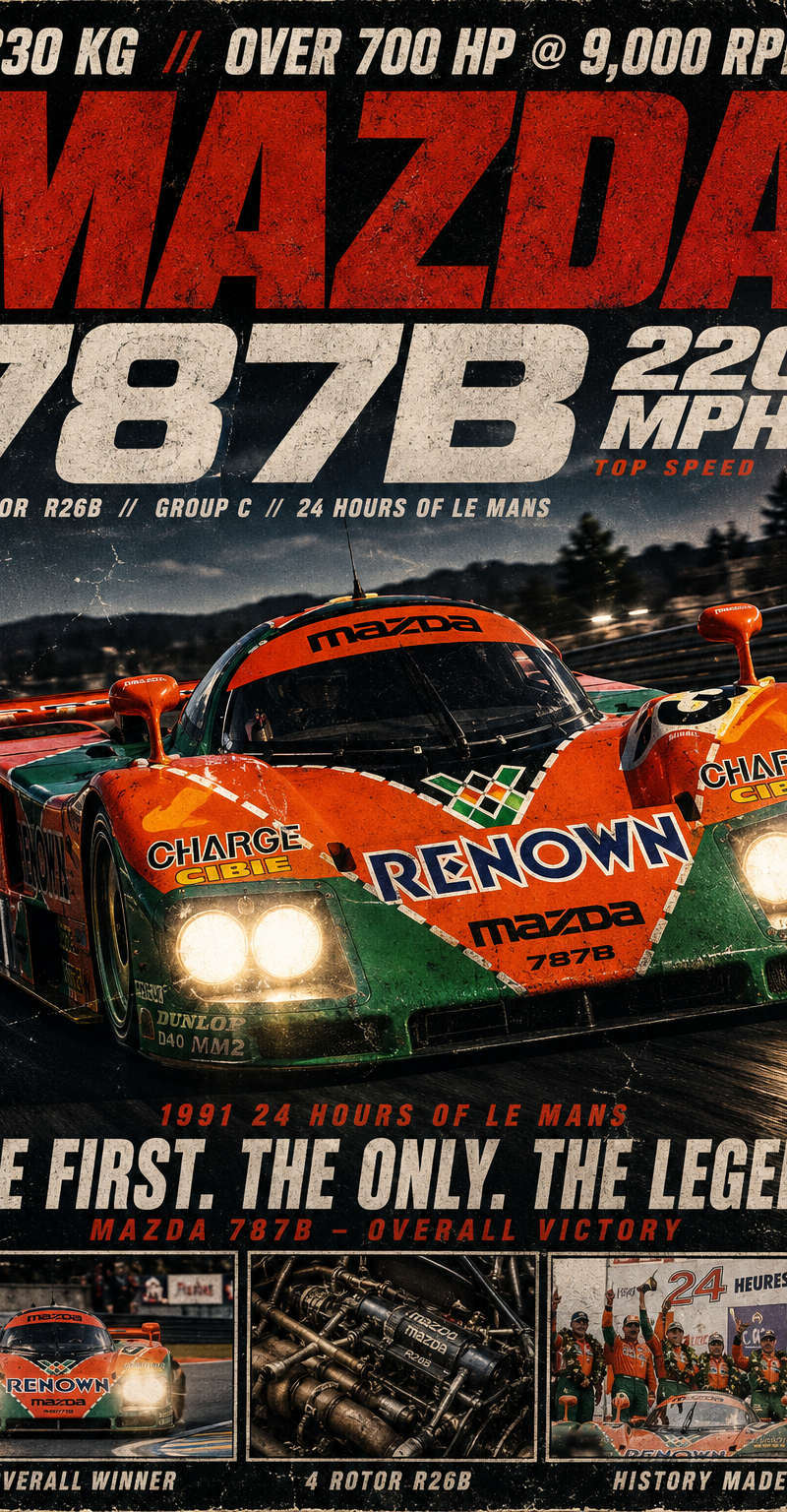 { "subject": { "description": "A vintage racing poster centered on the Mazda 787