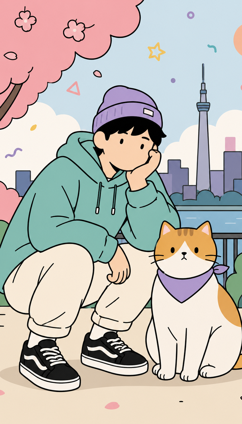 Playful flat-vector poster illustration of [HUMAN] posing with [ANIMAL] in [POSE