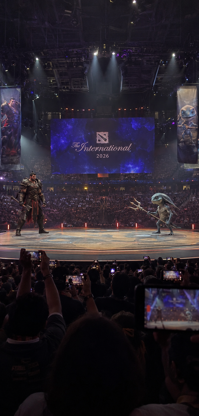 Vertical 9:16 smartphone screenshot, filmed from the audience inside a massive e