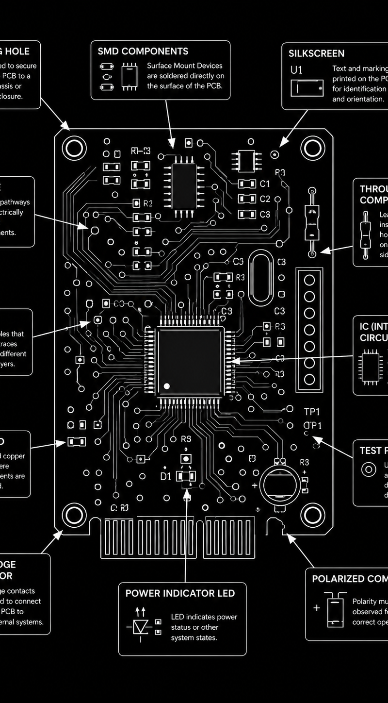 Artistic represenation of pcb board, illustrating pcb elements, with arrows, and