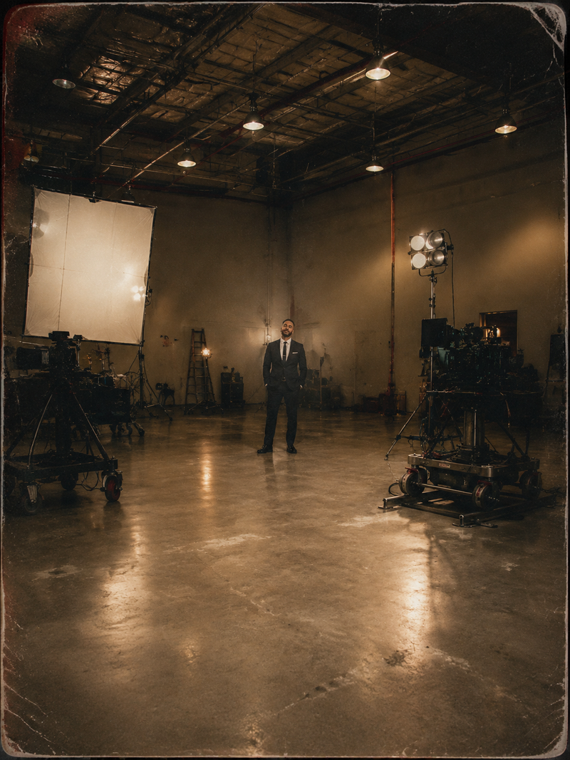 Extreme wide shot, the man is positioned far back in the background, in the midd
