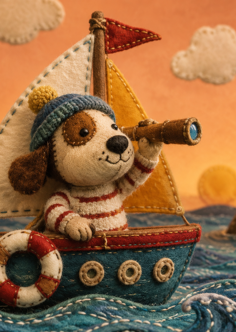 A stop-motion animation style scene featuring a whimsical fabric sculpture of a 