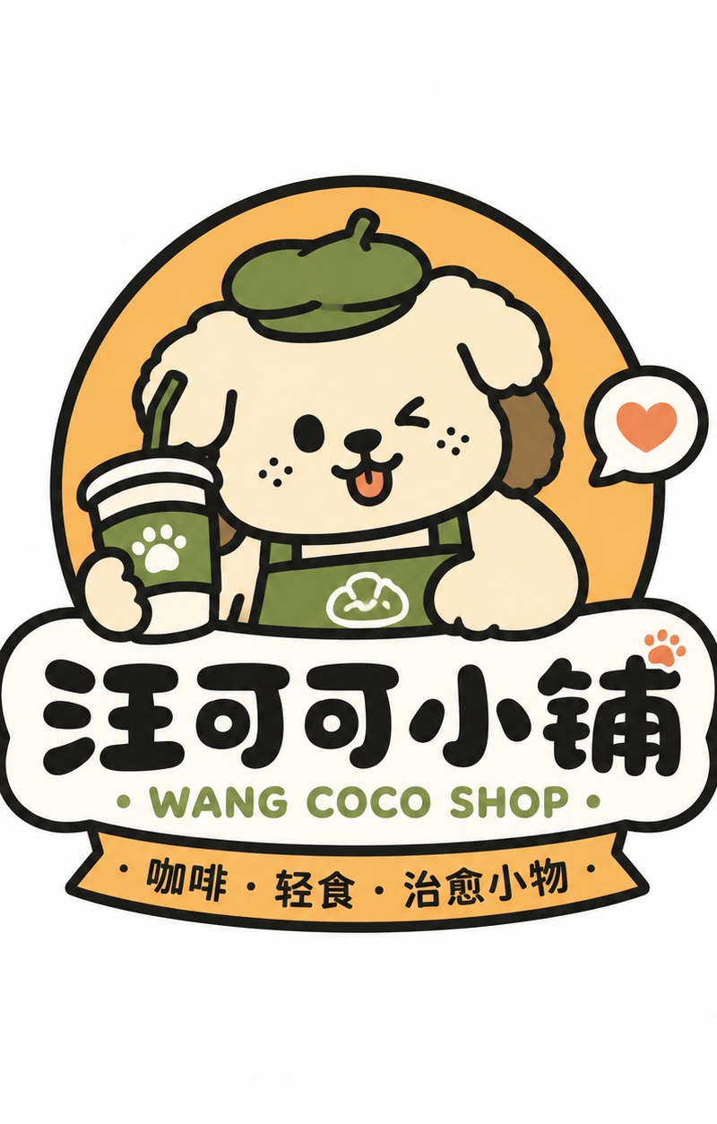 设计一张原创卡通吉祥物 Logo,整体为潮萌、轻复古、可商用的小店品牌视觉风格。画面采用纯白背景,Logo 单独居中展示,不要做成海报拼图。以「品牌名」为核心,