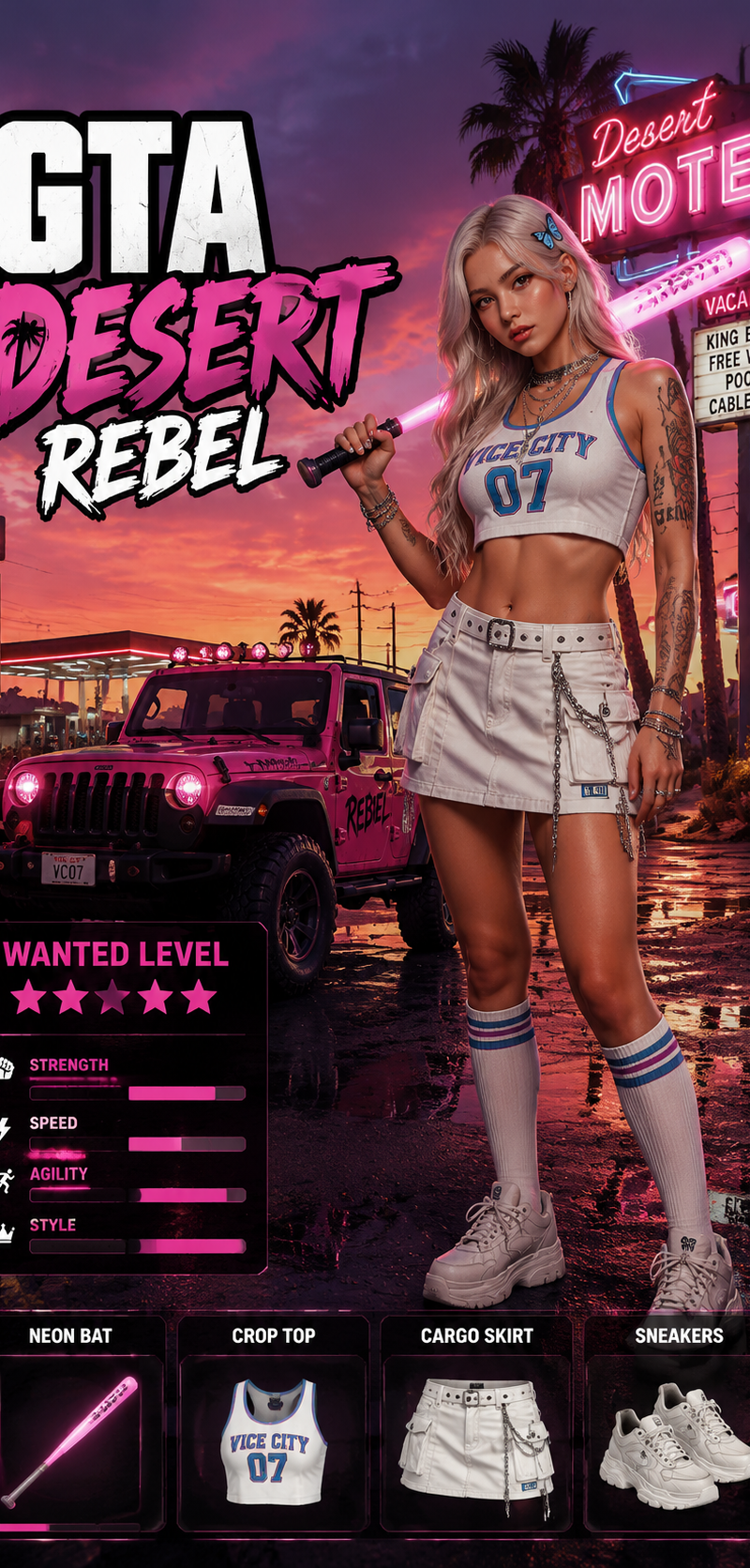 9:16 vertical GTA-style character selection poster, desert sunset scene, neon mo