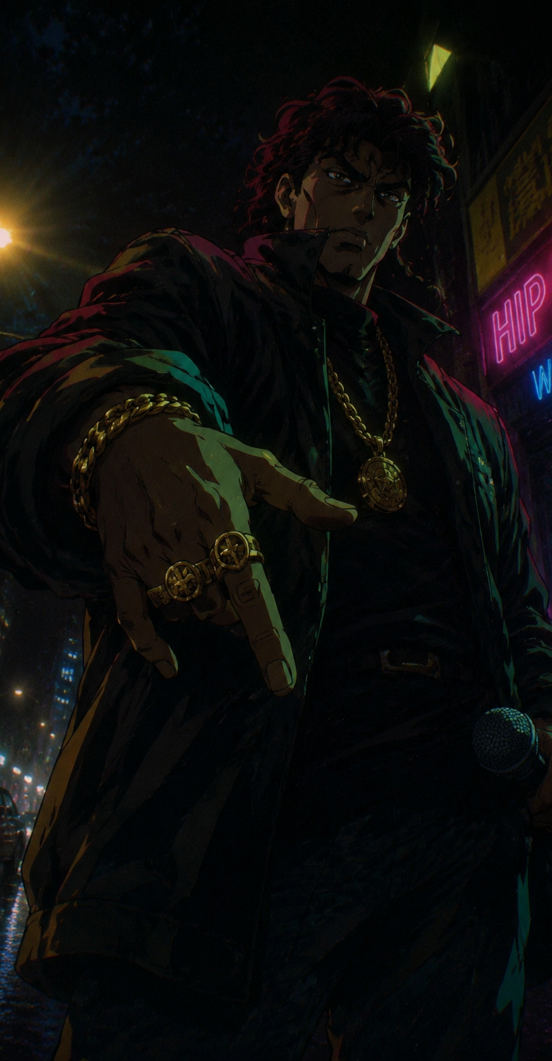 90s dark cel-shaded Midjourney prompt Rap warrior