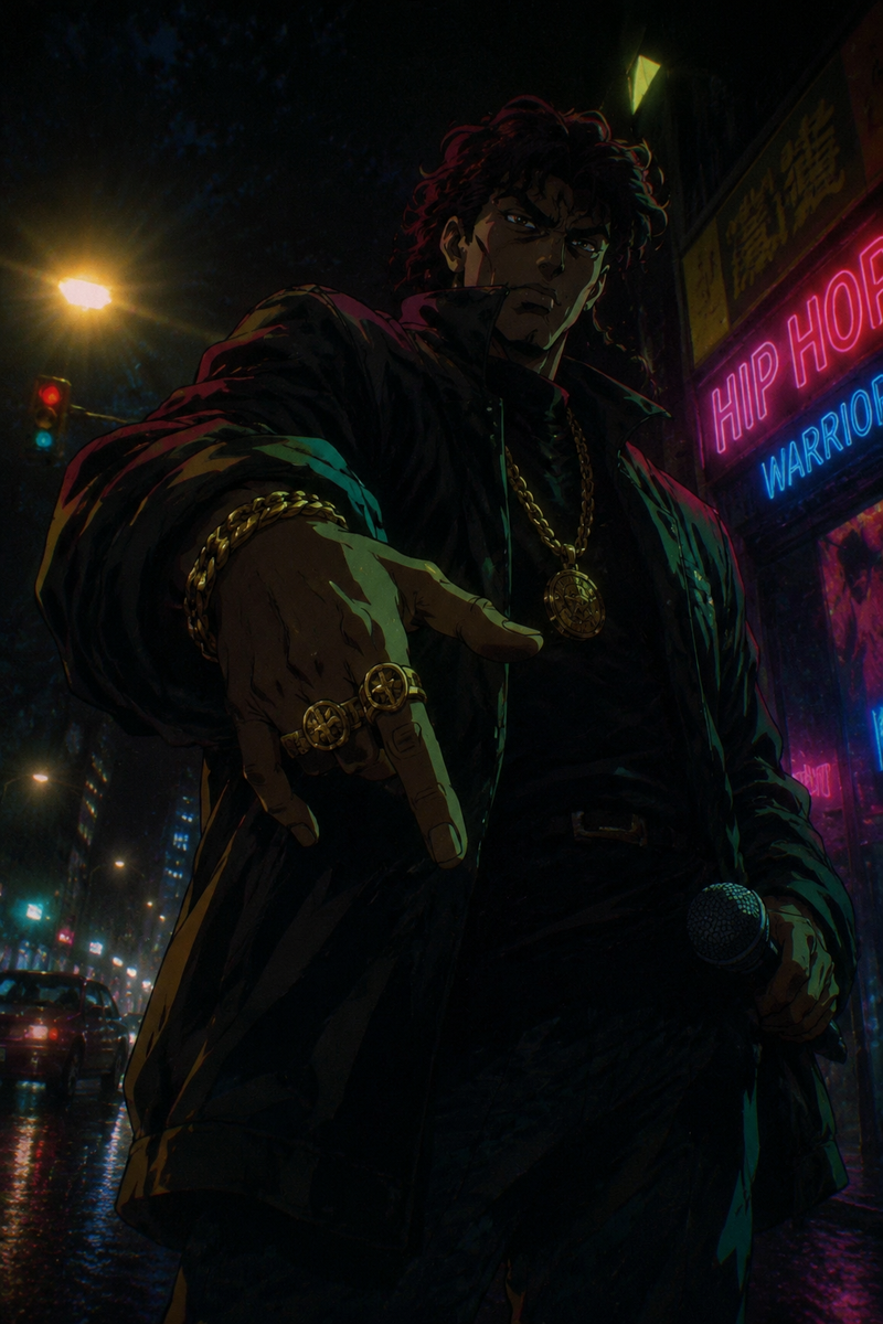 90s dark cel-shaded Midjourney prompt Rap warrior