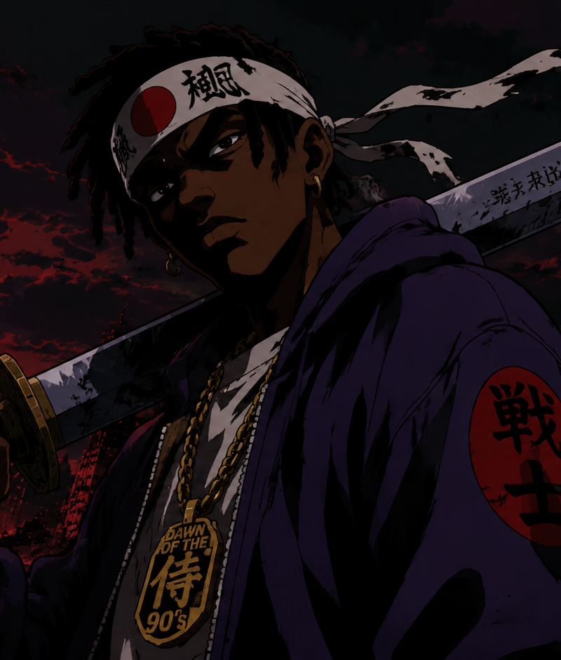 90s dark cel-shaded Midjourney prompt anime rap warrior