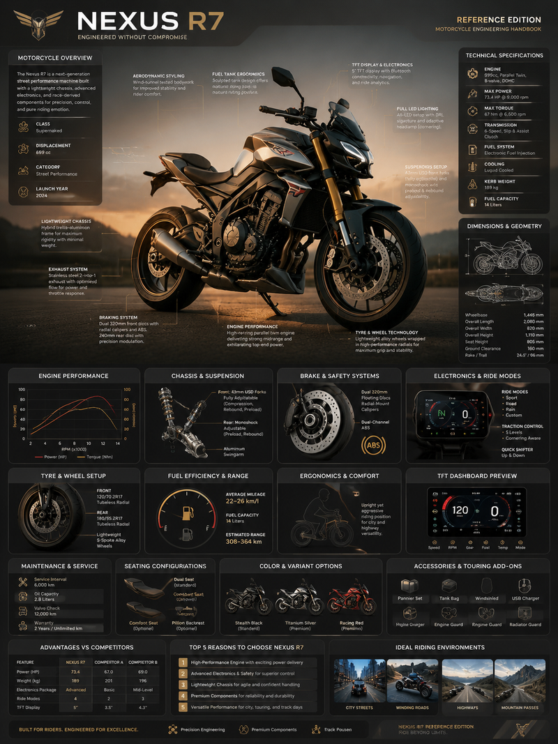 Create a premium square “reference-style motorcycle infographic” centered around