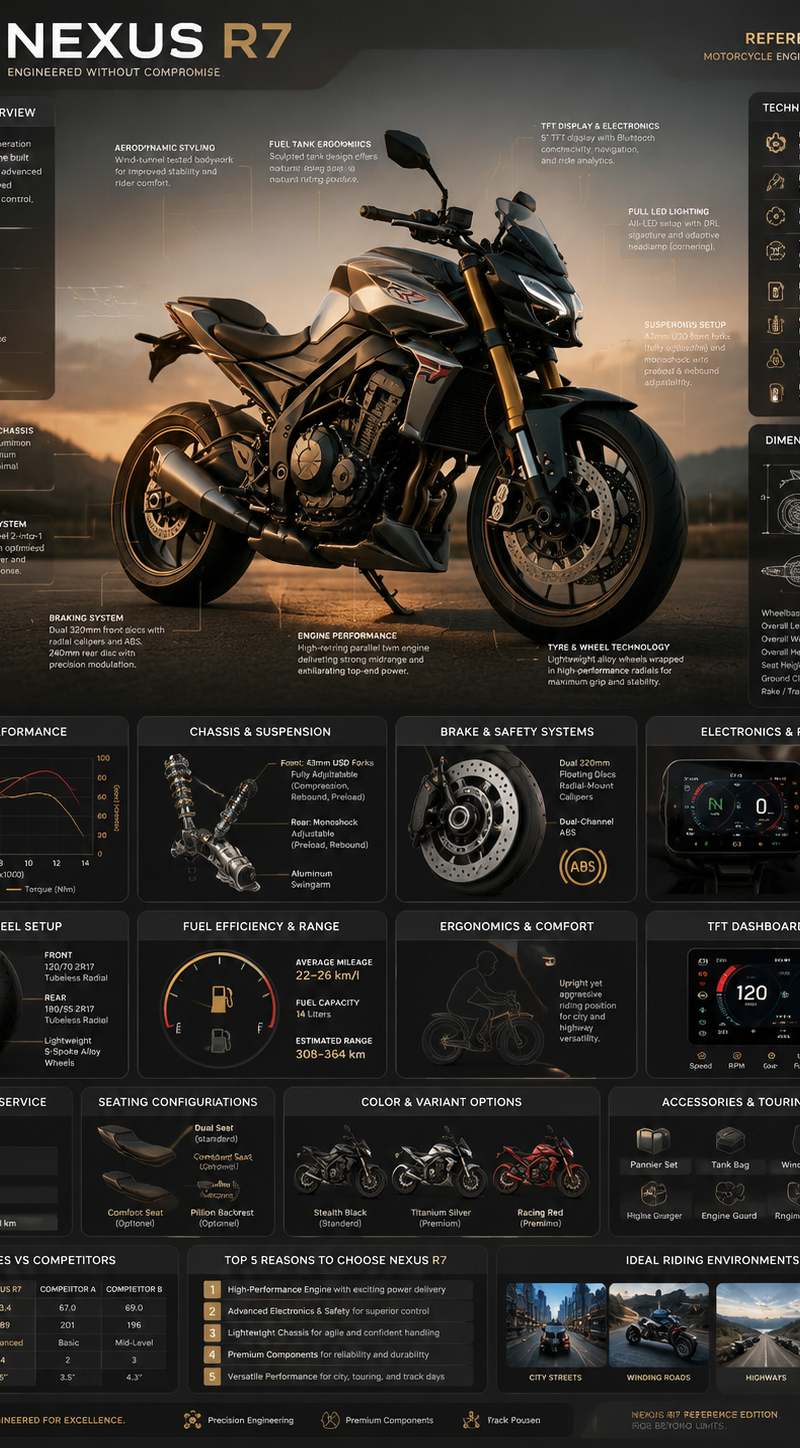 Create a premium square “reference-style motorcycle infographic” centered around