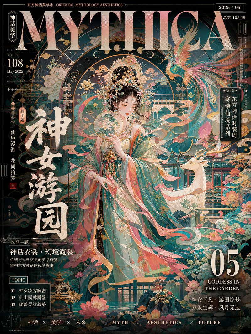 主题：神女游园 生成一张【极繁主义矢量艺术杂志封面海报】，画幅为【竖版 3:4 / 9:16 / 横版 16:9】。 主题为【填写主题，例如：中国神话未来志 /