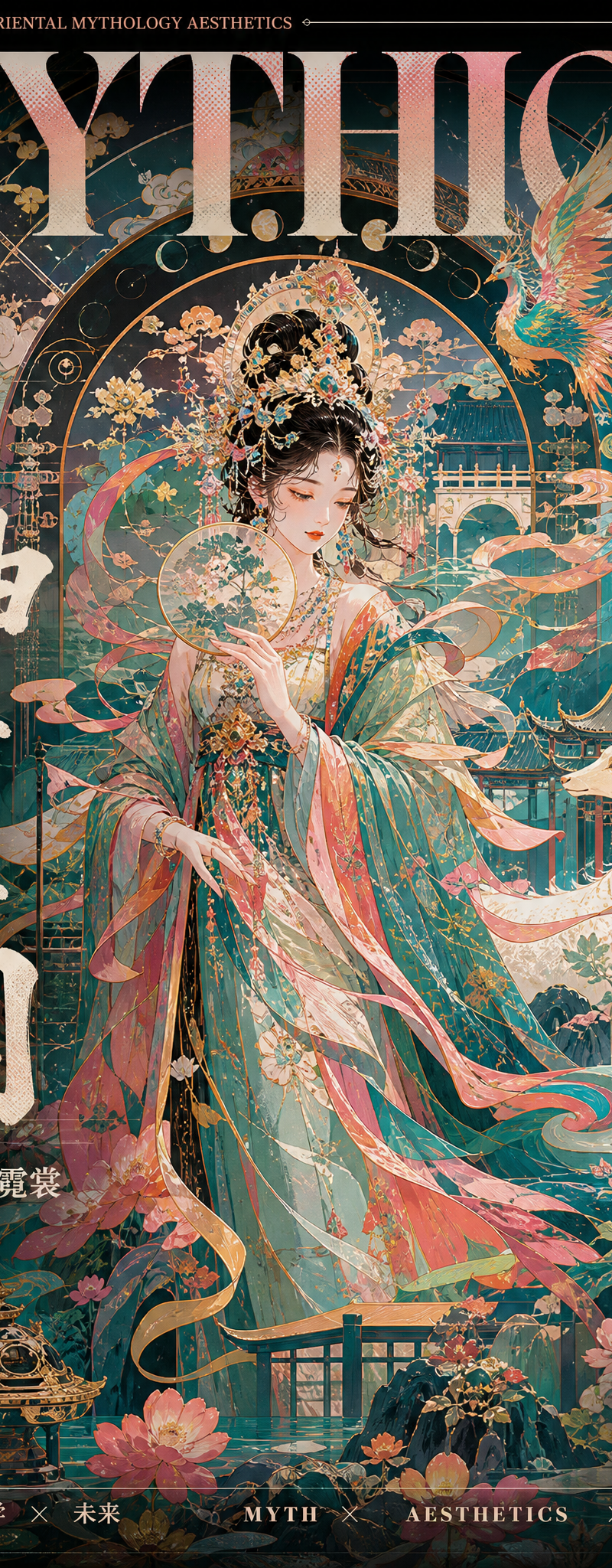 主题：神女游园 生成一张【极繁主义矢量艺术杂志封面海报】，画幅为【竖版 3:4 / 9:16 / 横版 16:9】。 主题为【填写主题，例如：中国神话未来志 /