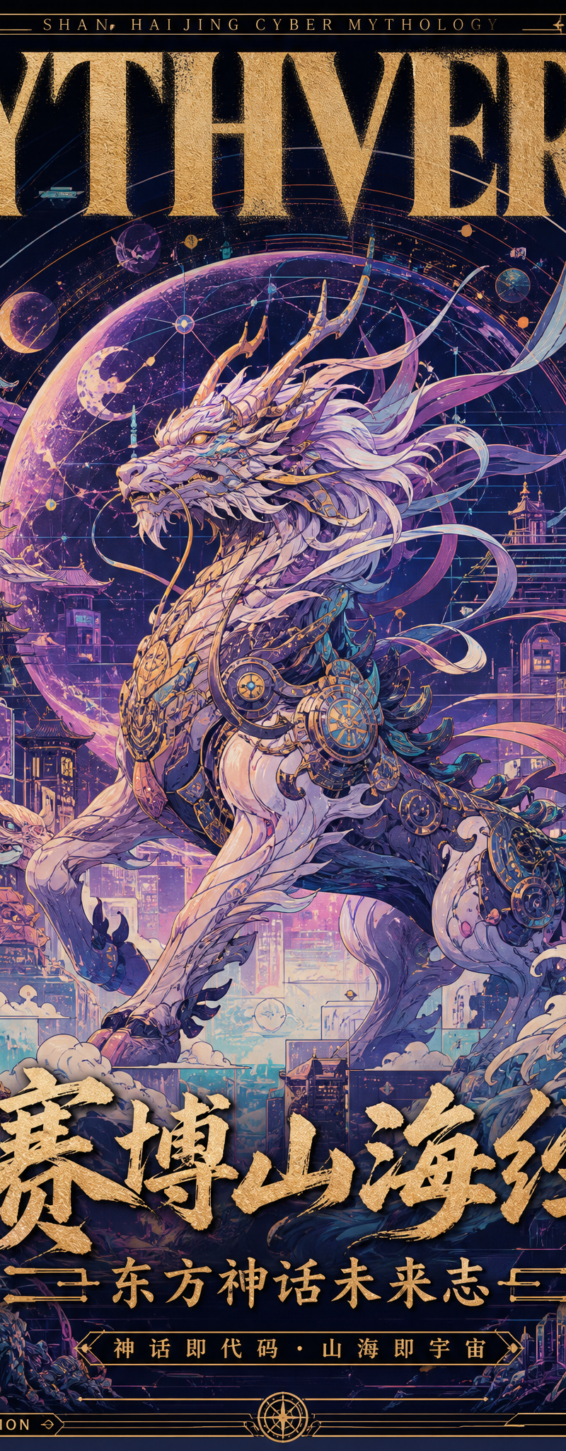 主题:赛博山海经 生成一张【极繁主义矢量艺术杂志封面海报】,画幅为【竖版 3:4 / 9:16 / 横版 16:9】。 主题为【填写主题,例如:中国神话未来志