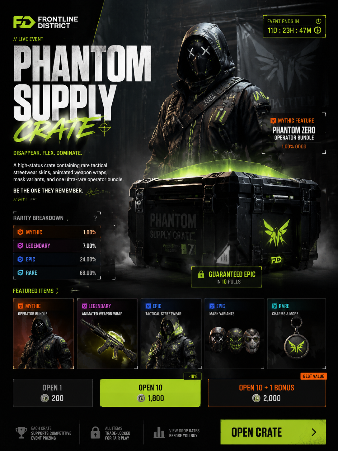 Create a premium, highly believable Lootbox / Capsule Drop Ad for an imaginary d