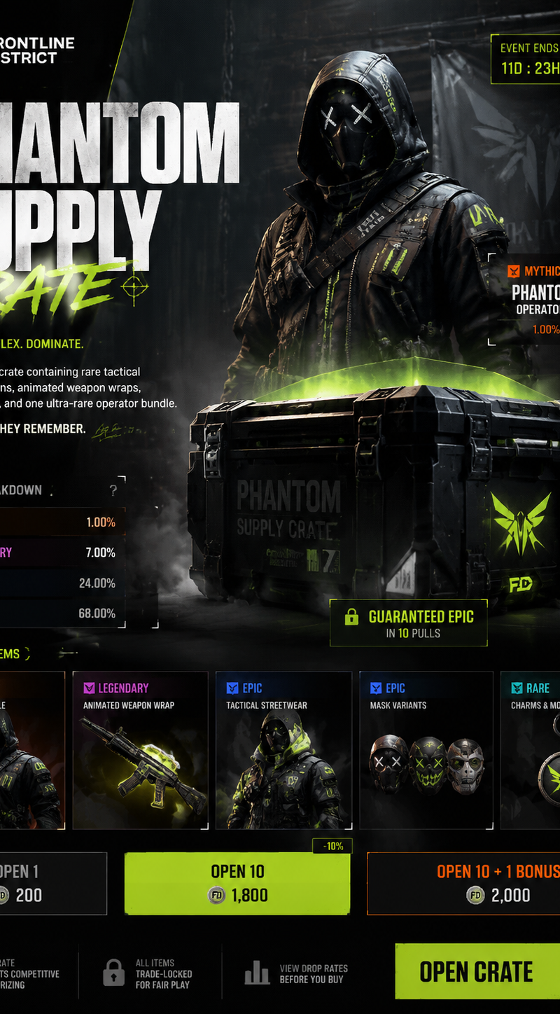 Create a premium, highly believable Lootbox / Capsule Drop Ad for an imaginary d