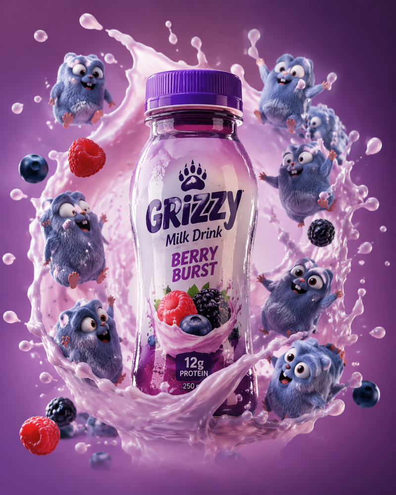 Premium grizzy milk drink bottle surrounded by swirling "the lemmings" splash, f