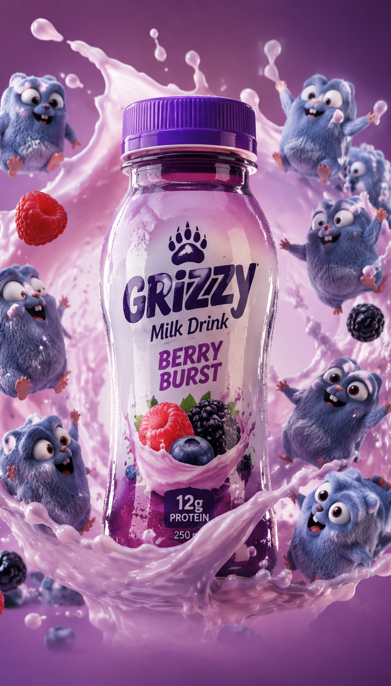 Premium grizzy milk drink bottle surrounded by swirling "the lemmings" splash, f