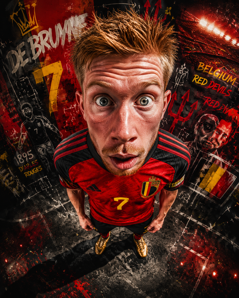 Ultra-detailed caricature sports portrait of a Belgian football player wearing B
