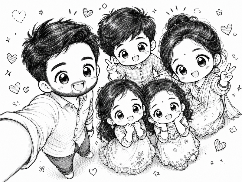 Turn the uploaded photo into a cute black-and-white hand-drawn doodle illustrati