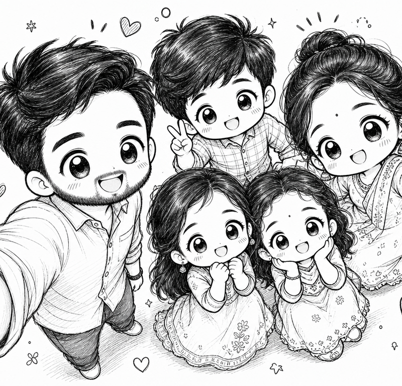 Turn the uploaded photo into a cute black-and-white hand-drawn doodle illustrati