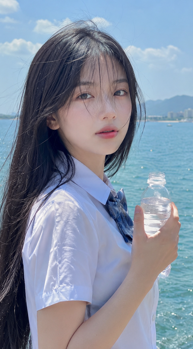 A slender, delicate Korean high school girl with long straight black hair, weari