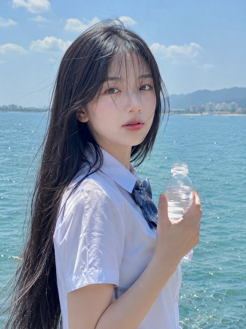 A slender, delicate Korean high school girl with long straight black hair, weari