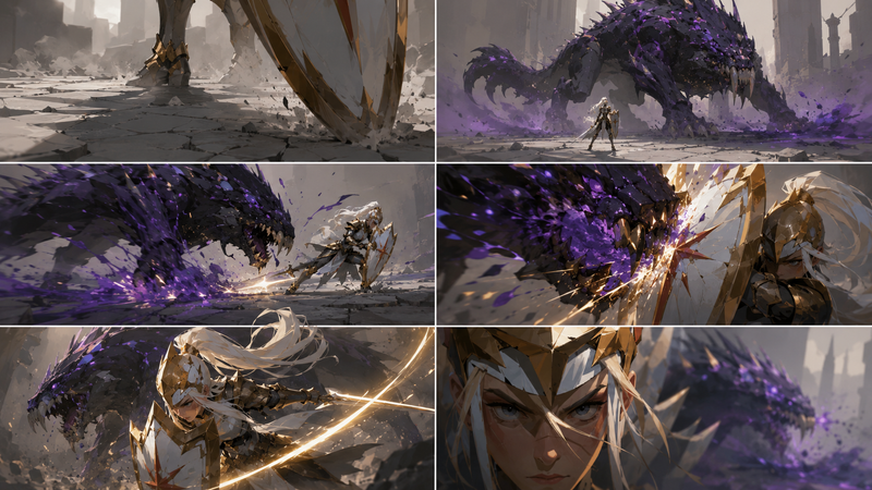 基于剧情生成 故事板和机位图 15-second cinematic fantasy battle storyboard, 16:9