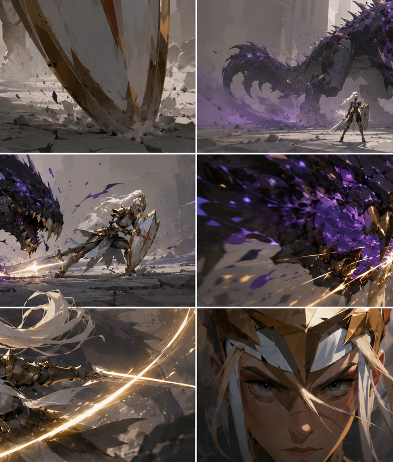 基于剧情生成 故事板和机位图 15-second cinematic fantasy battle storyboard, 16:9