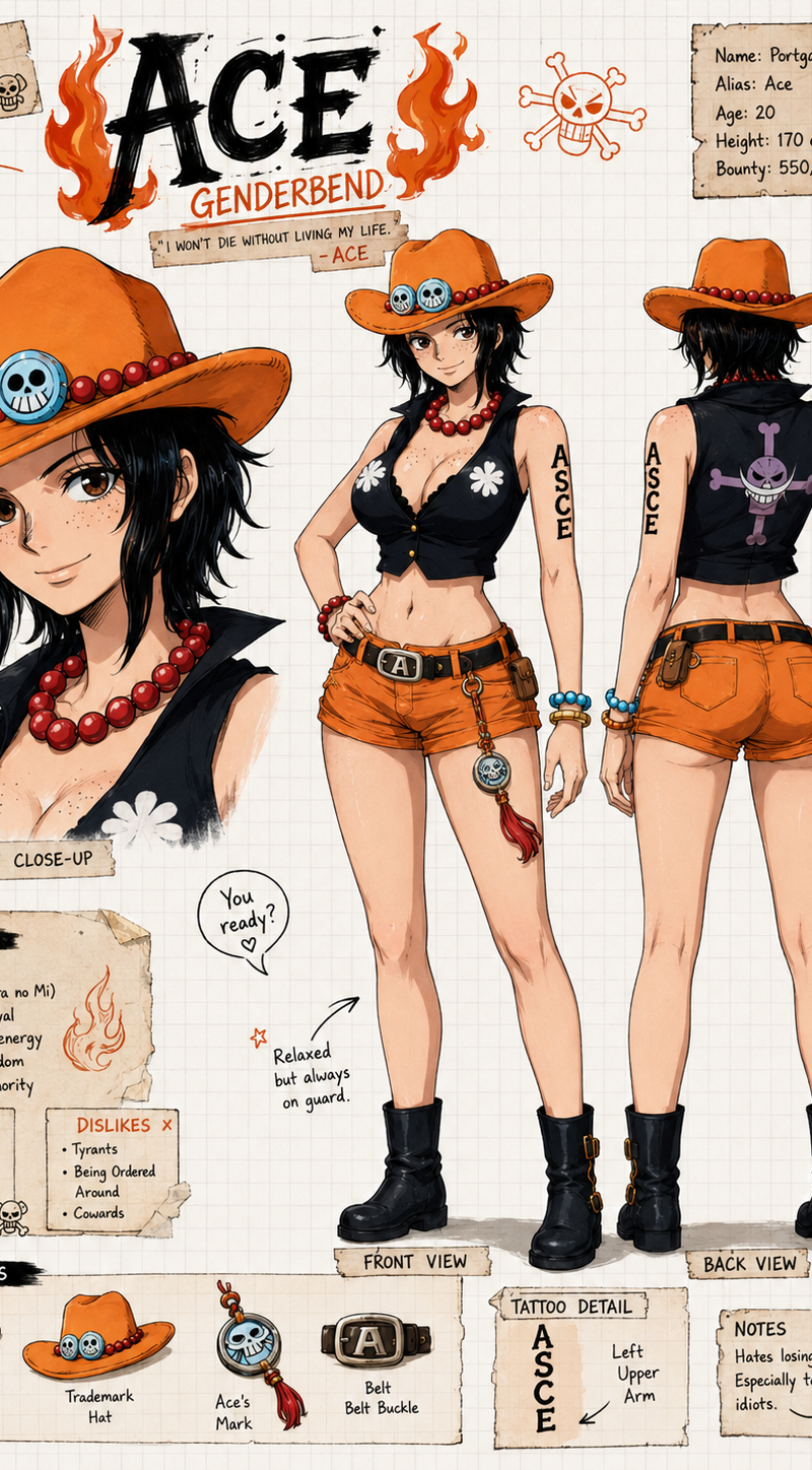 Create a wide, horizontal character reference sheet featuring genderbend ace fro